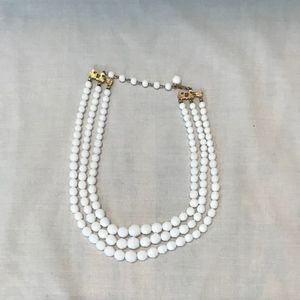 Vintage White Glass Three-Stranded Bead Necklace